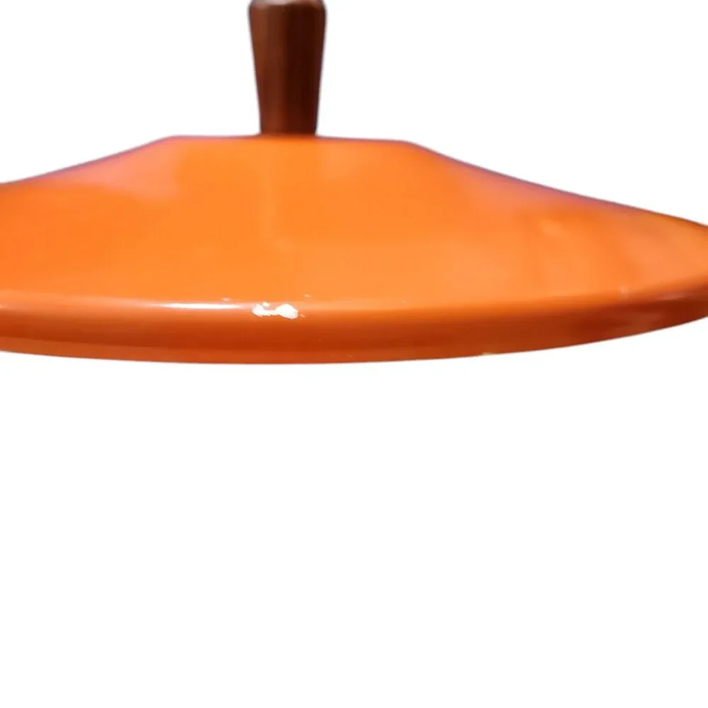 Vintage Enamel Pan and Lid Orange w/ White Flowers Wood Handles Made in Japan